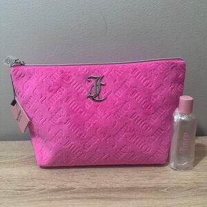 Juicy Couture Pink Velour Monogram Wedge Zip Travel Cosmetic Bag w/ Bottle